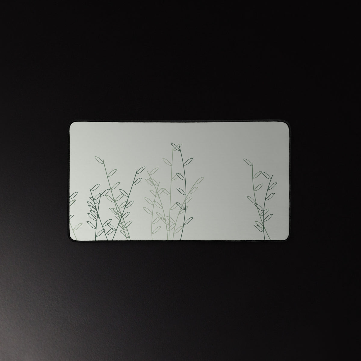 Fern Line desk mat, green botanical line art on pale linen, 12 by 22 inches