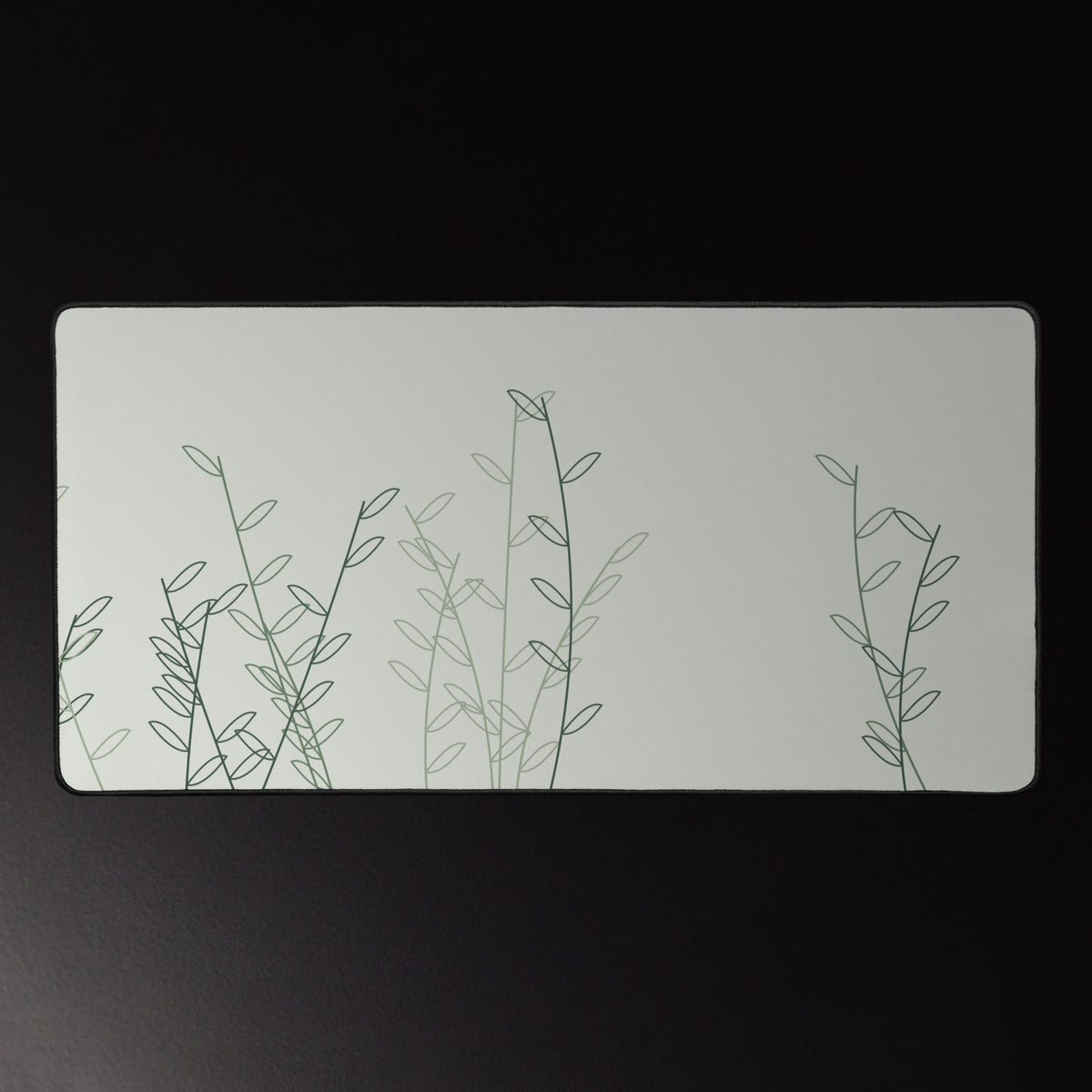 Fern Line desk mat, green botanical line art on pale linen, 16 by 32 inches