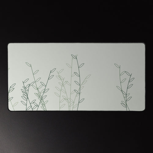 Fern Line desk mat, green botanical line art on pale linen, 16 by 32 inches
